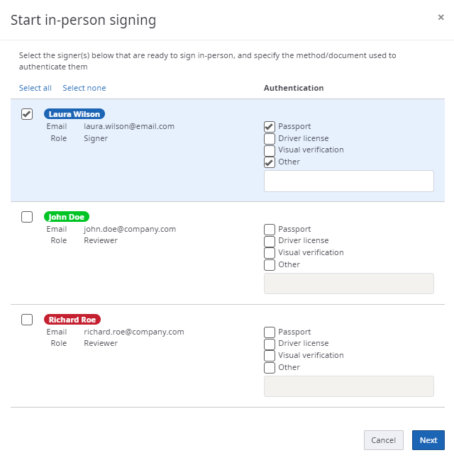 In-person signing for multiple recipients