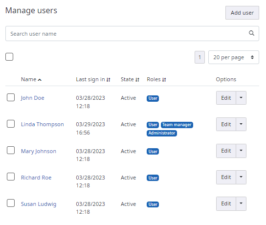 Manage users page