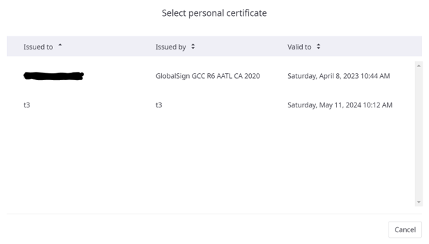 Select personal certificate