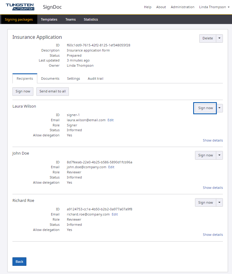 In-person signing for a single signer