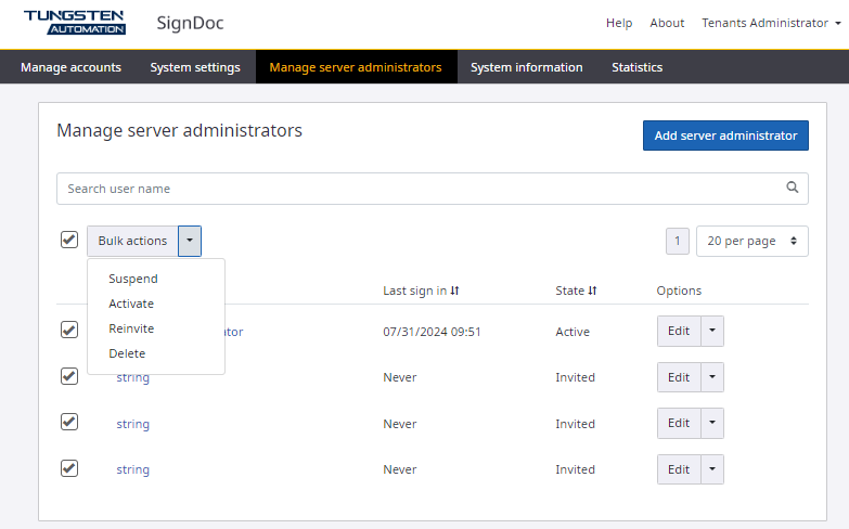 Manage server administrators Manage server administrators