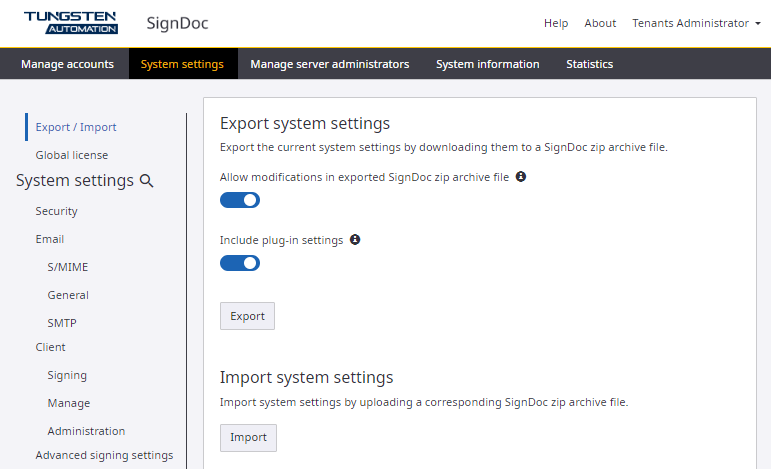 Export / Import page