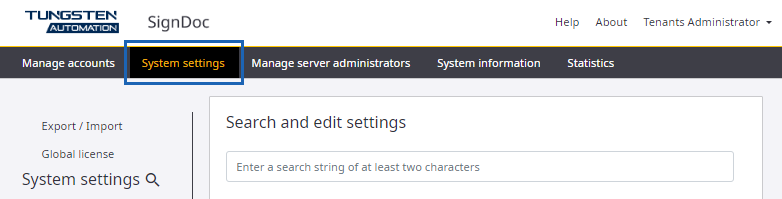 System settings menu