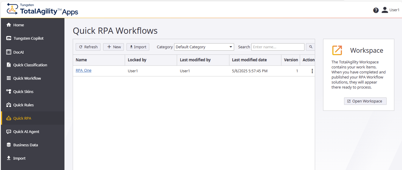 Quick Workflow Home page with existing data