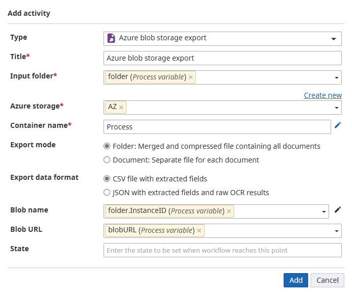 Azure Blob Storage Export activity properties