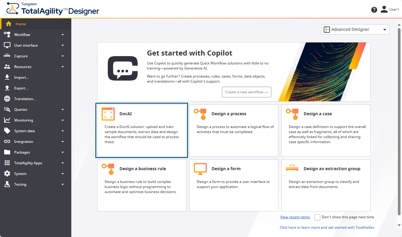 DocAI card on Designer home page