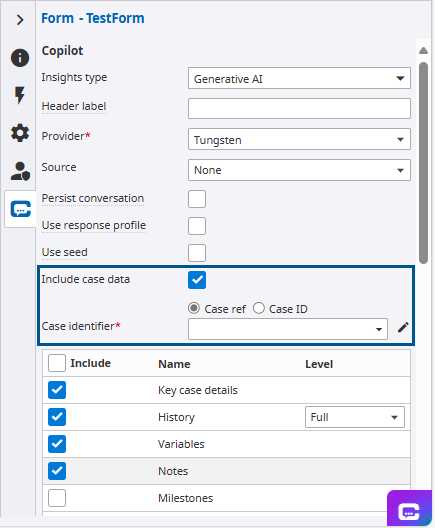 Include case data check box-Copilot tab
