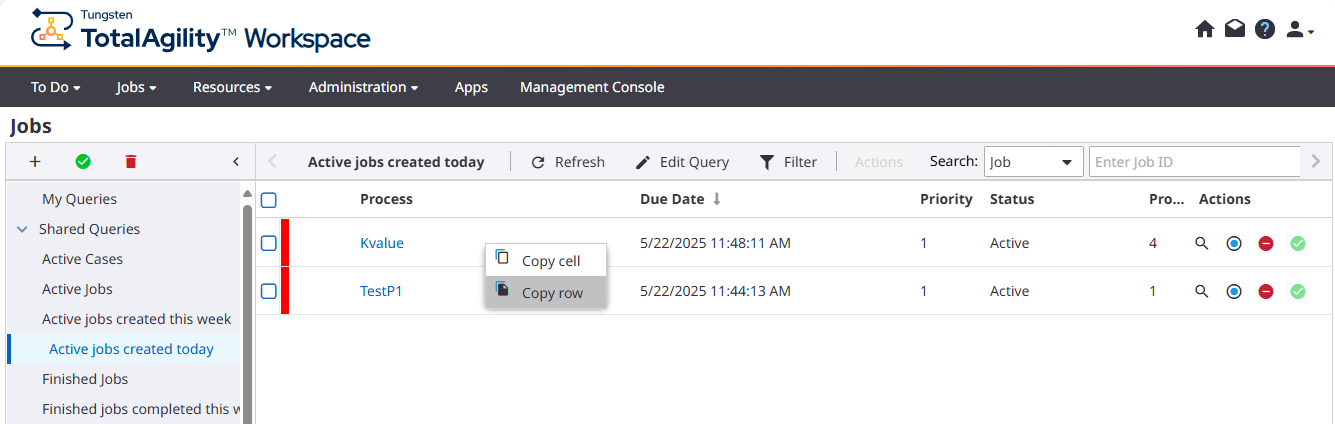 Active jobs created today tab Workspace Jobs page