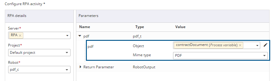 Mime type list Configure RPA activity dialog box