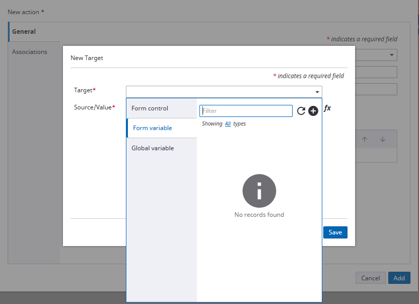 Form variable tab for new action