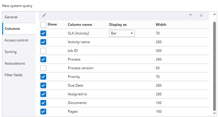 Column options for System query