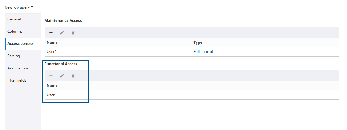 Access control tab Job query dialog box