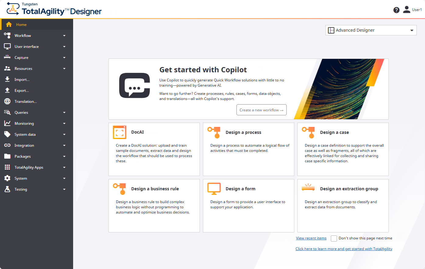 TotalAgility designer home page