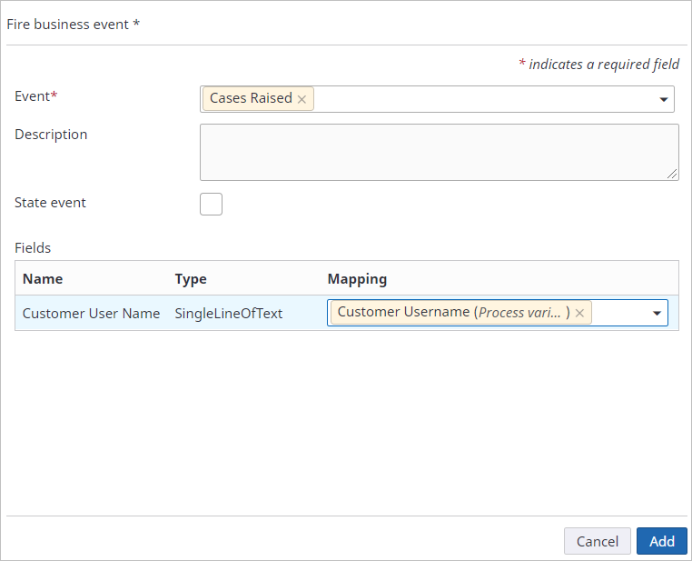 Fire business event dialog box