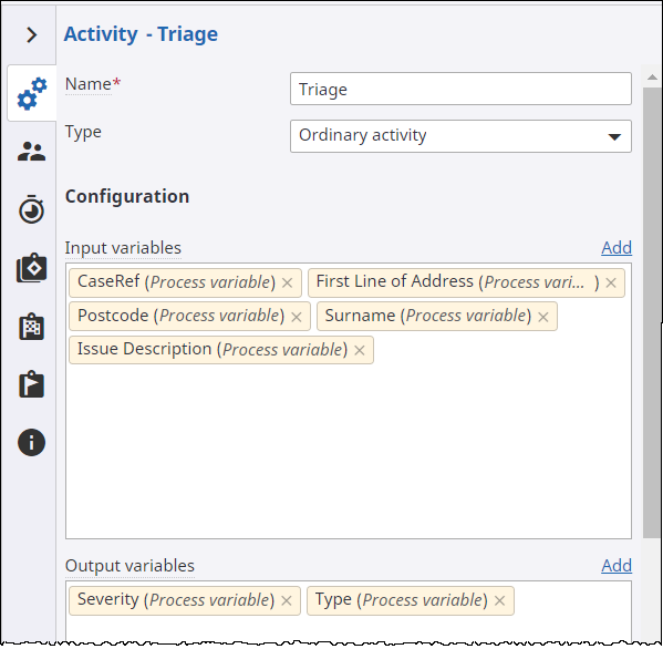 Triage activity input and output variables