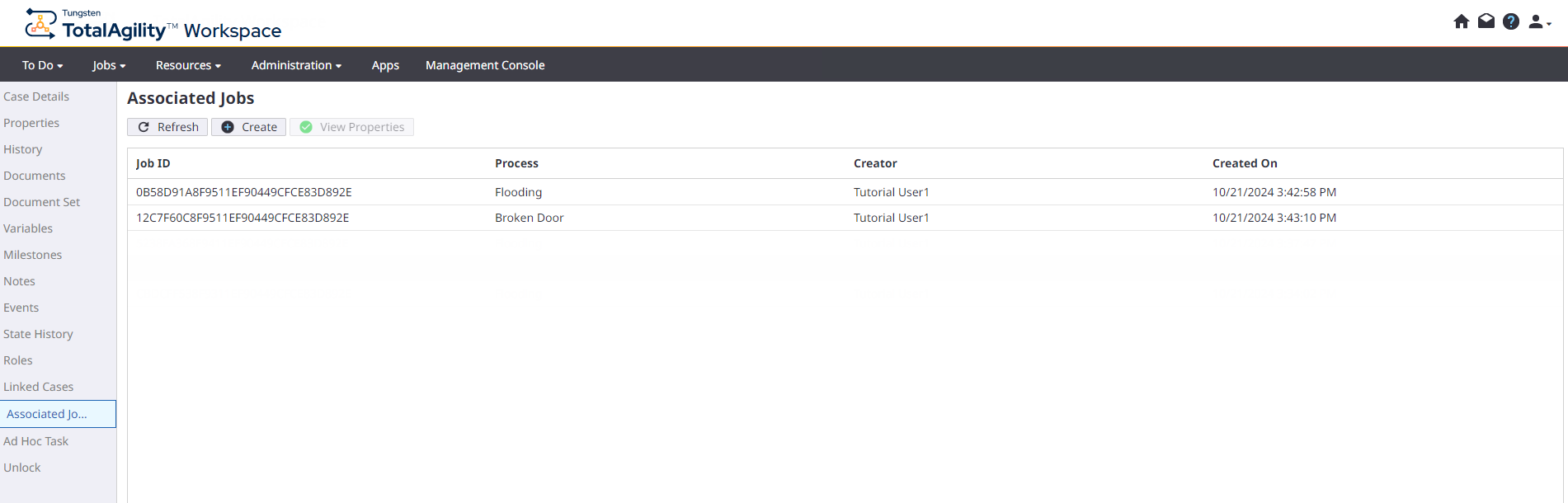 Associated jobs tab