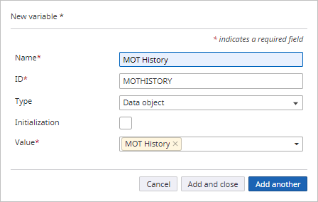 New variable dialog for data object variable