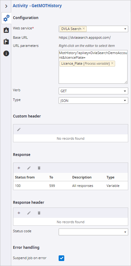 Restful service activity get mot history