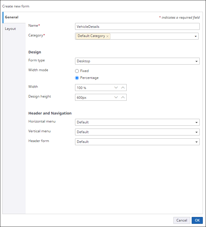 Create new form dialog box
