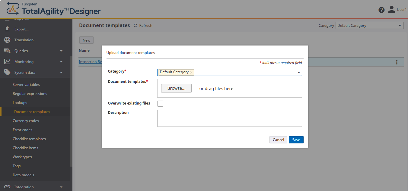 Upload document templates dialog box