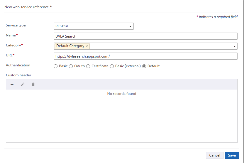 Web service reference dialog box