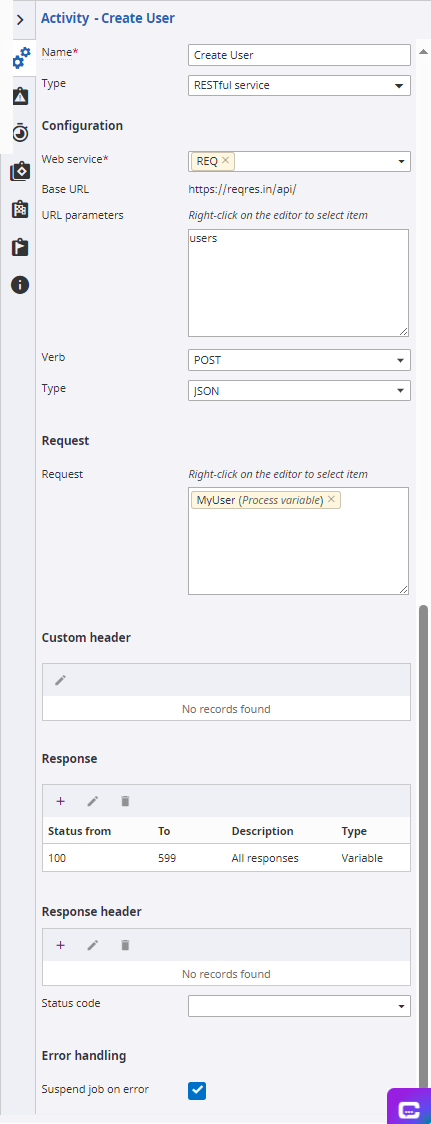 Restful service activity to create user