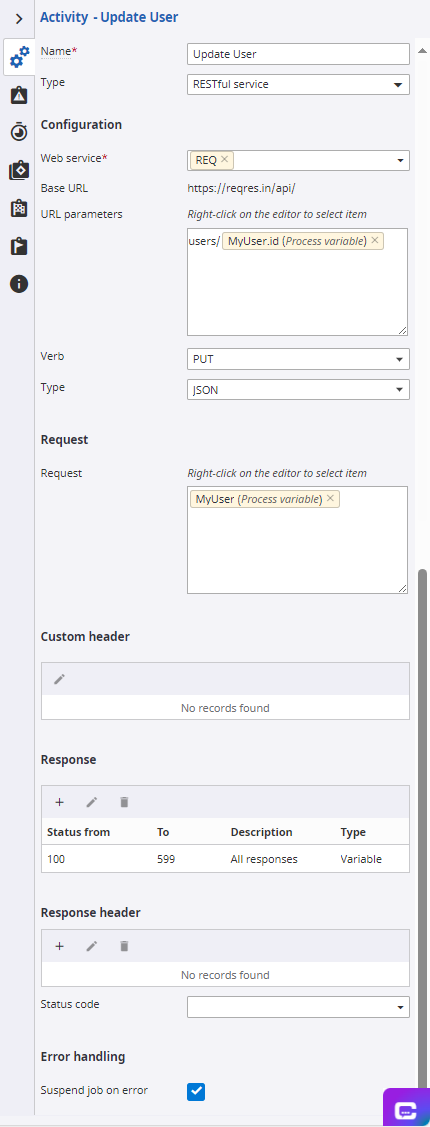 Restful service activity to update user