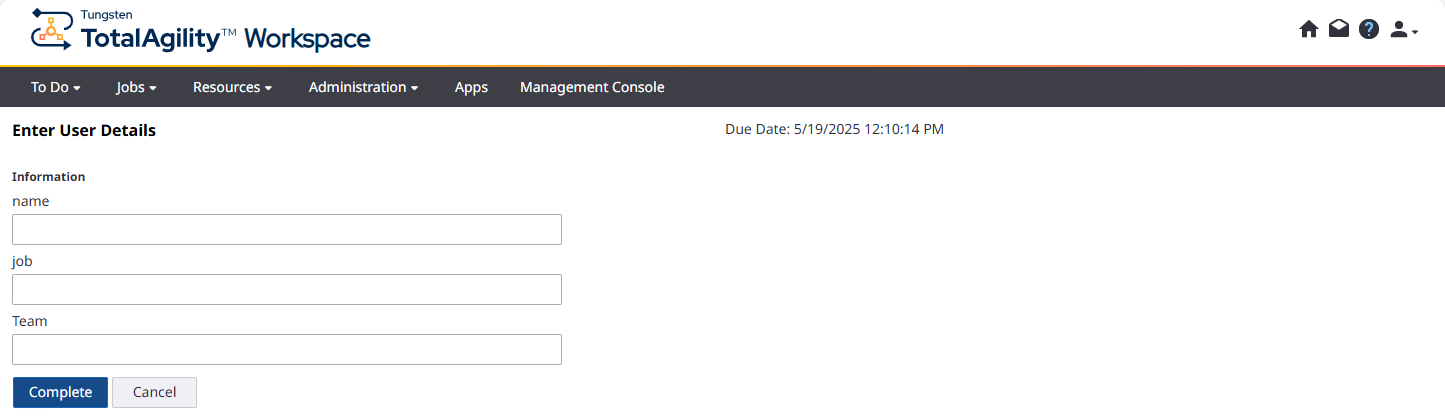 Enter user details fields in workspace