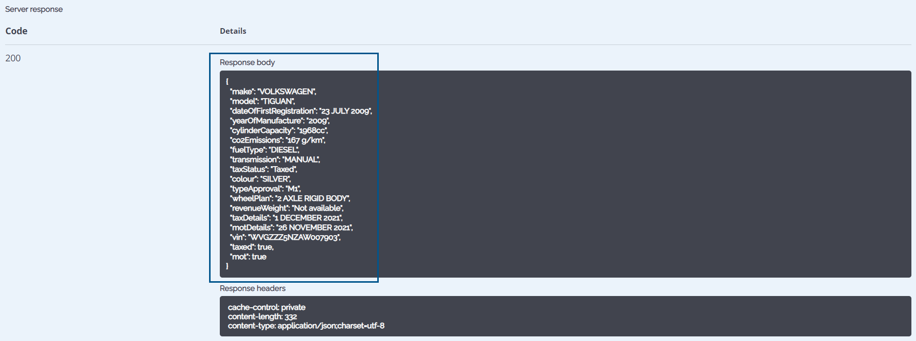 Vehicle search api responce body