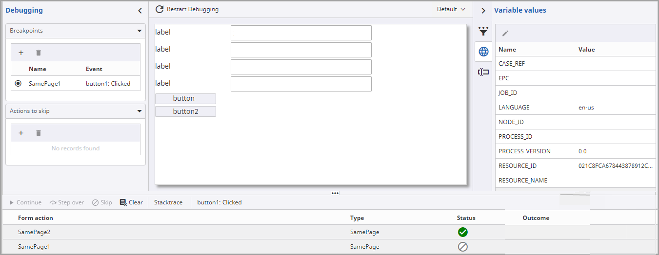 Skipping an action in the Debug window