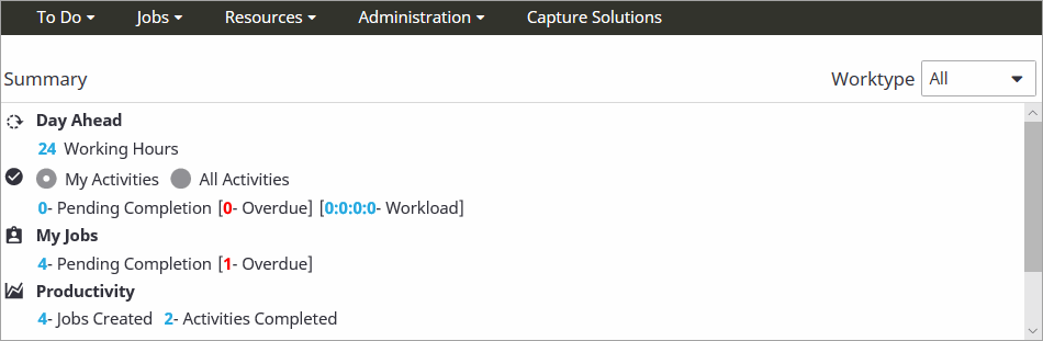 The summary page displying an overview of jobs and activites.