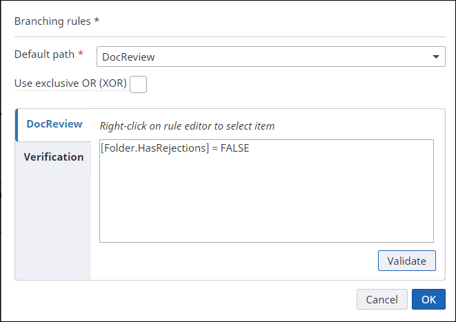 Branching rules dialog box