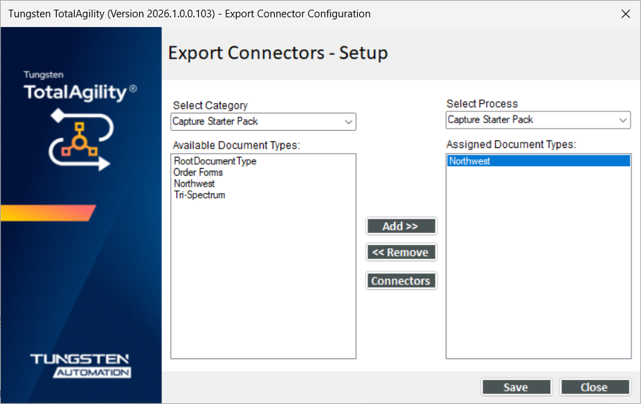 Export connector configuration dialog box