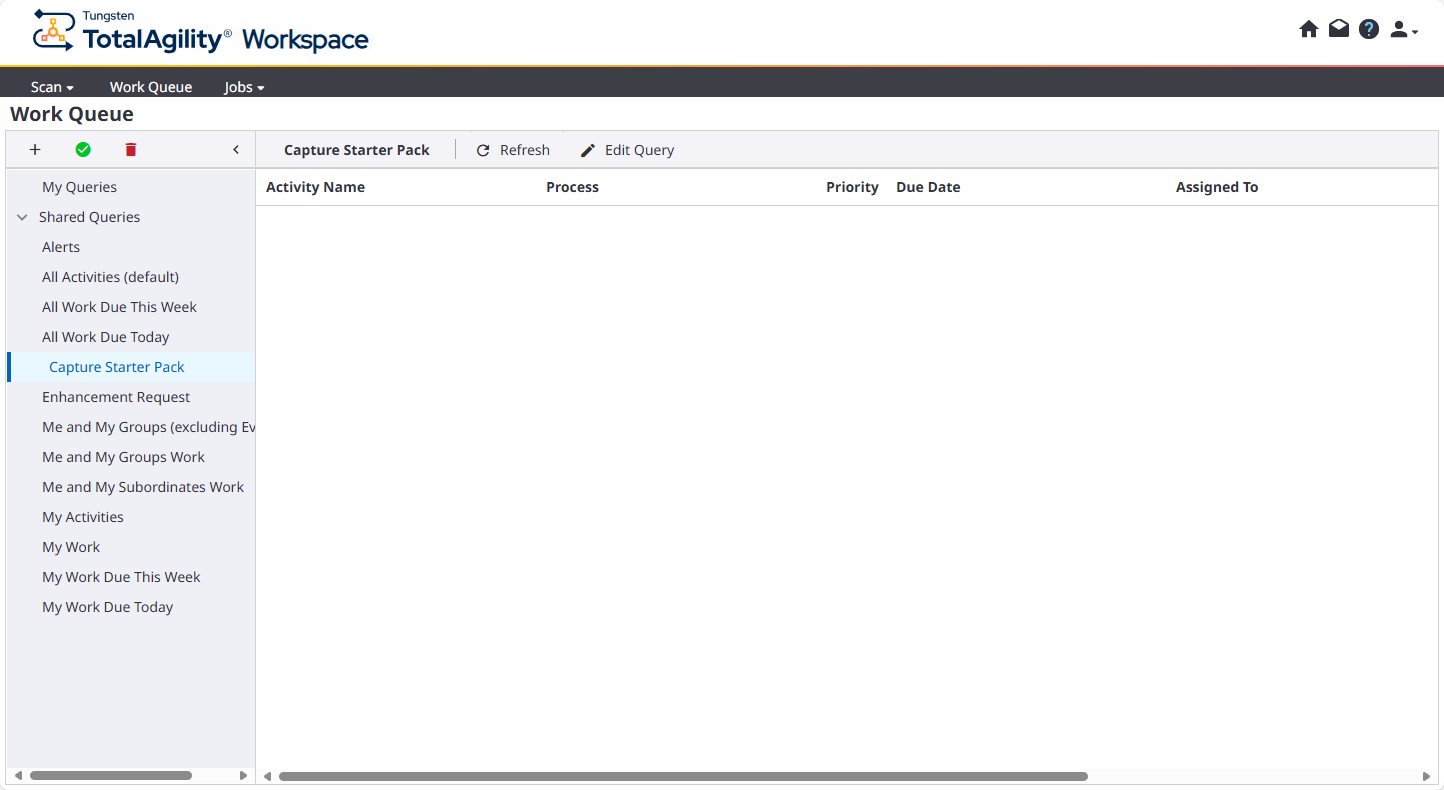 Capture Starter Pack work queue query