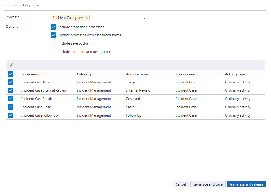 Generate activity forms dialog box