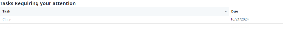 Tasks requiring your attention page with the close task