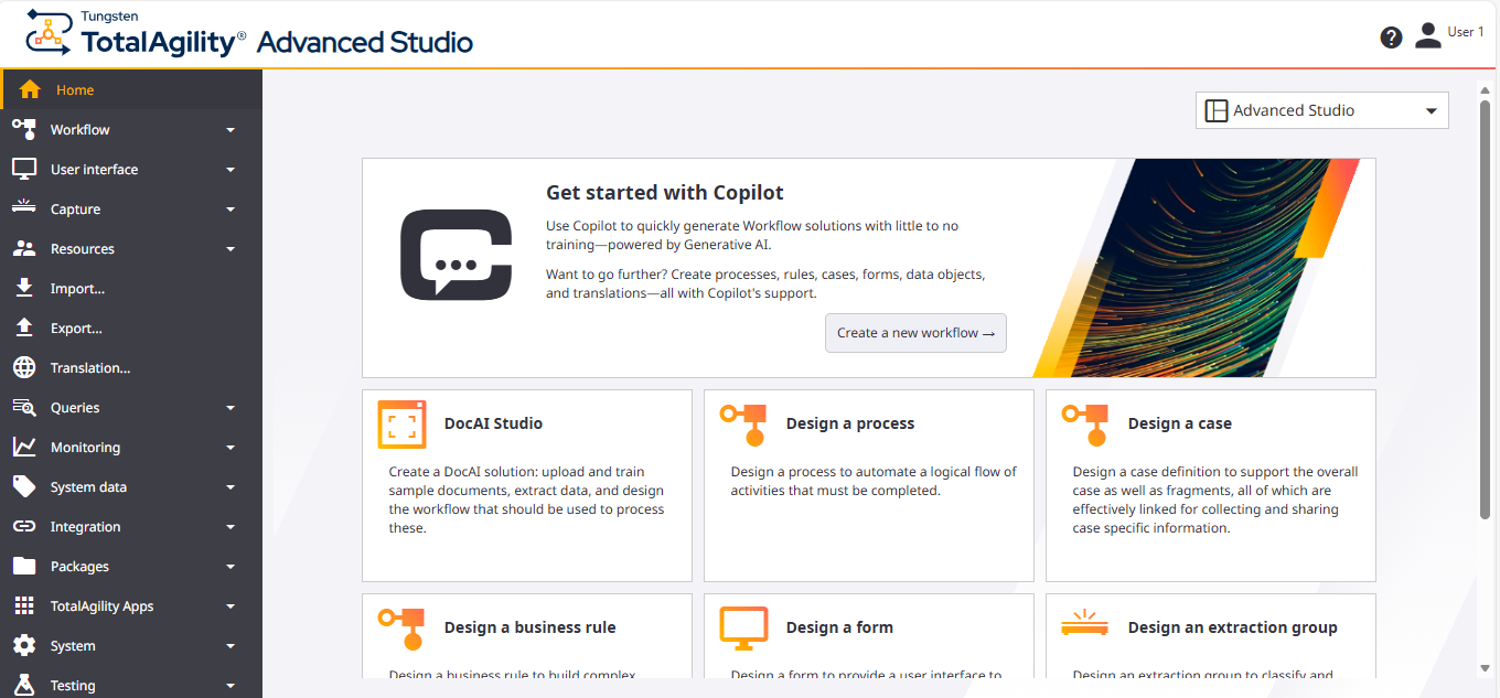 TotalAgility Advanced Studio home page