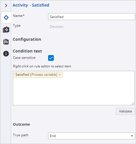 Satisfied activity Configuration tab