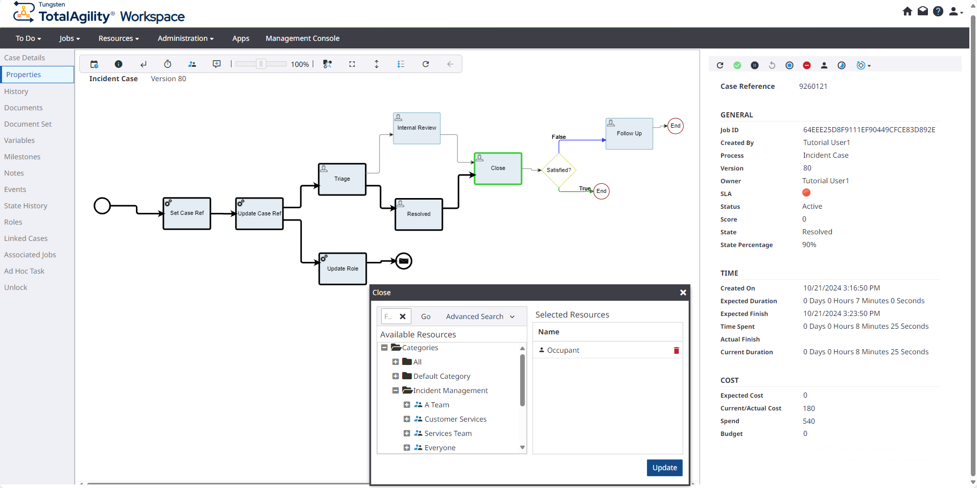 Assigned resources of the Close activity