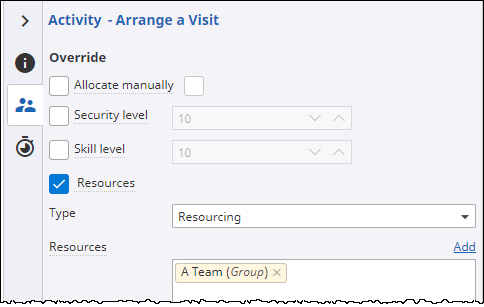 Arrange a visit activity Resource assignment tab