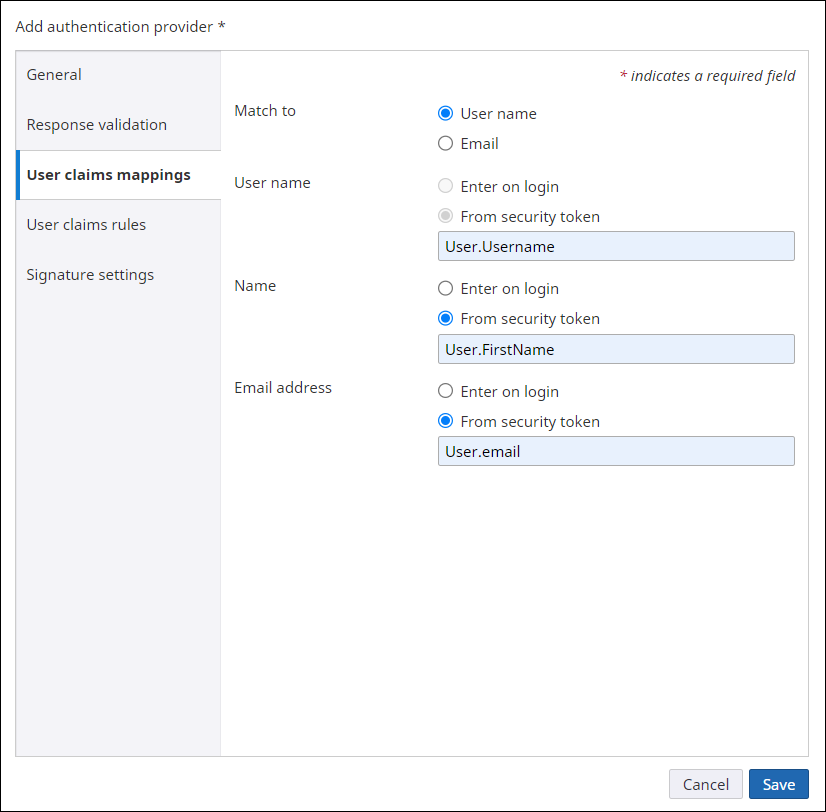 Add authentication provider - User Claims Mappings