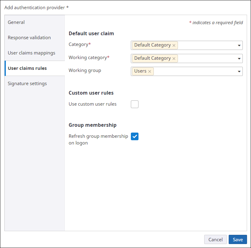Add authentication provider - User Claims Rules