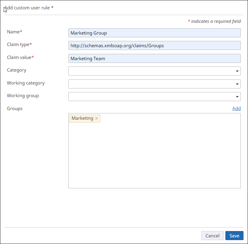Add custom user rule for the Marketing group