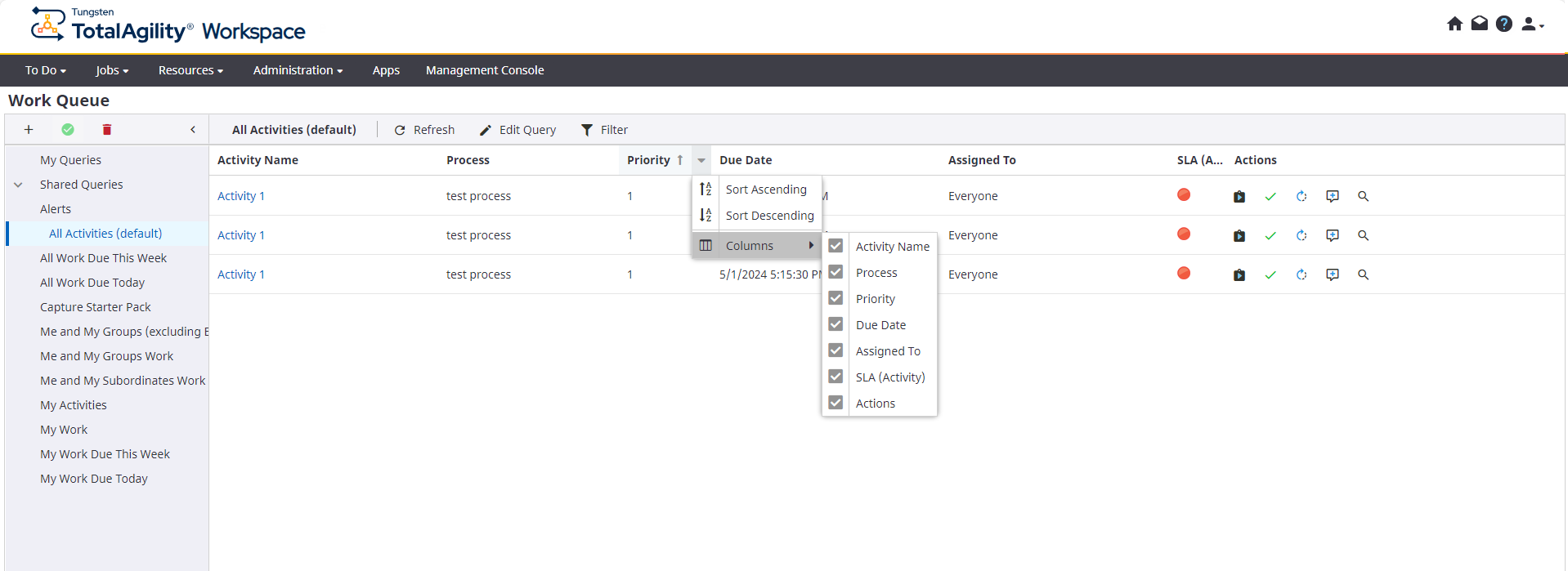 Context menu - Column list