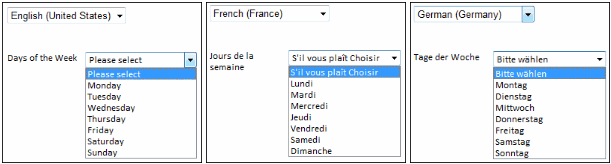 Example of the days of a week is translated into German and French