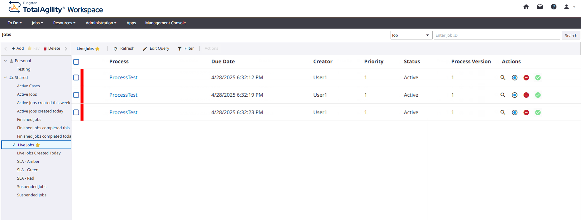 Workspace Job page displaying Live jobs list.