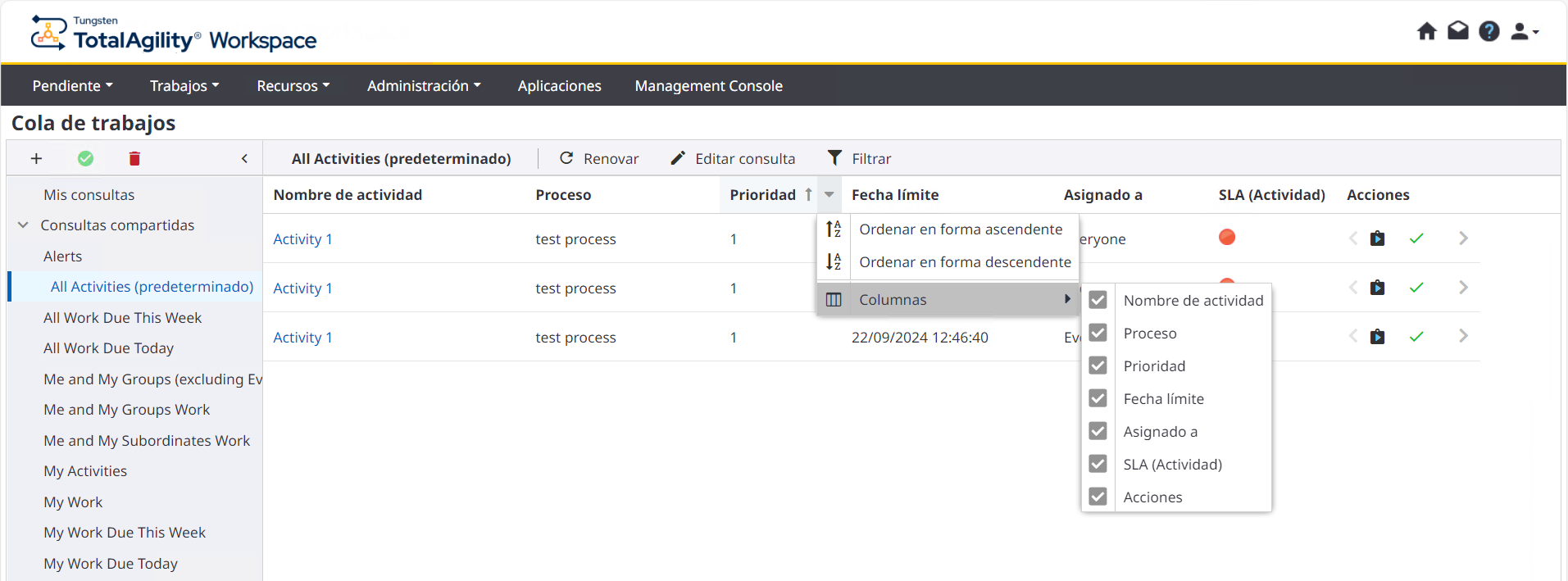 Menú contextual - Lista de columnas