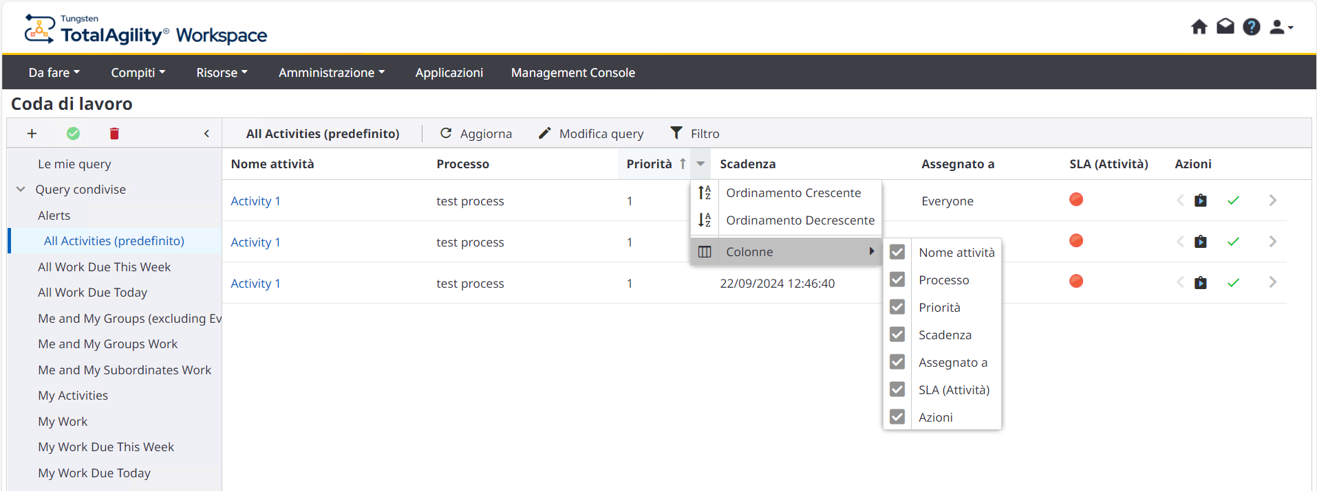 Menu contestuale - Elenco colonne