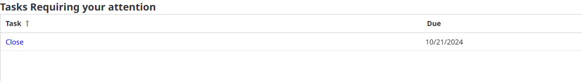 Close タスクを含む Tasks requiring your attention (注意が必要なタスク) ページ