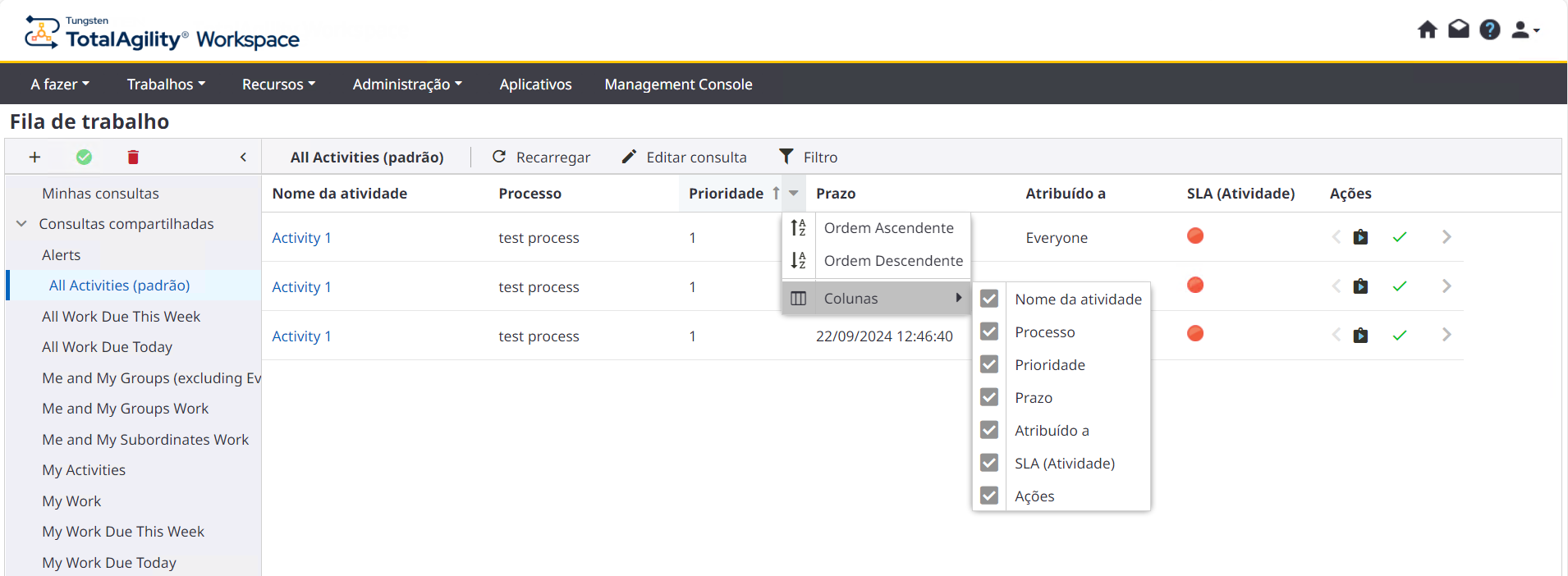 Menu de contexto - Lista de colunas
